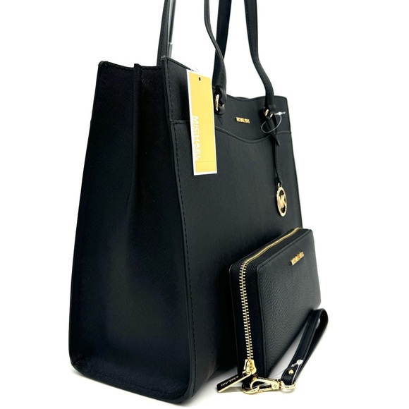 Michael Kors Large MF Pocket Shoulder Tote Bag & Continental Wallet Black/Gold - Picture 4 of 15